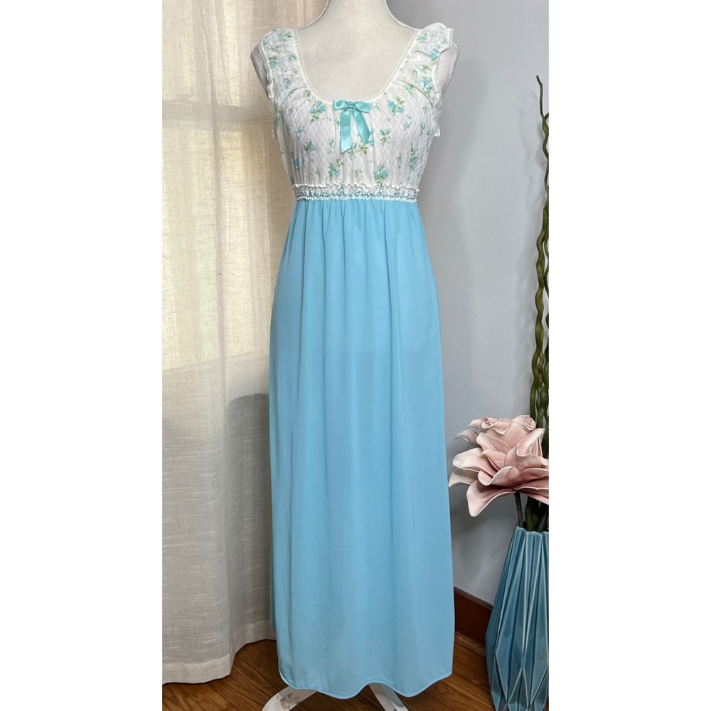 70s Vintage Beverly Floral Nightgown House Dress Powder Blue Women's Small - Picture 2 of 11